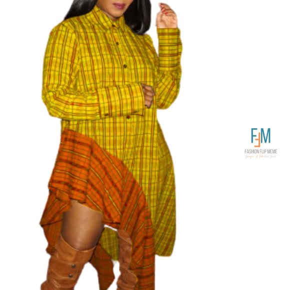 Contrast Asymmetrical Hem Long-Sleeve Plaid Shirt Dress - Picture 3 of 6
